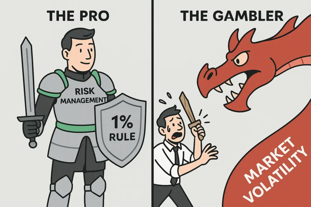 A 2D vector illustration comparing a professional trader in "risk management" armor to a gambler, showing the importance of day trading risk management.