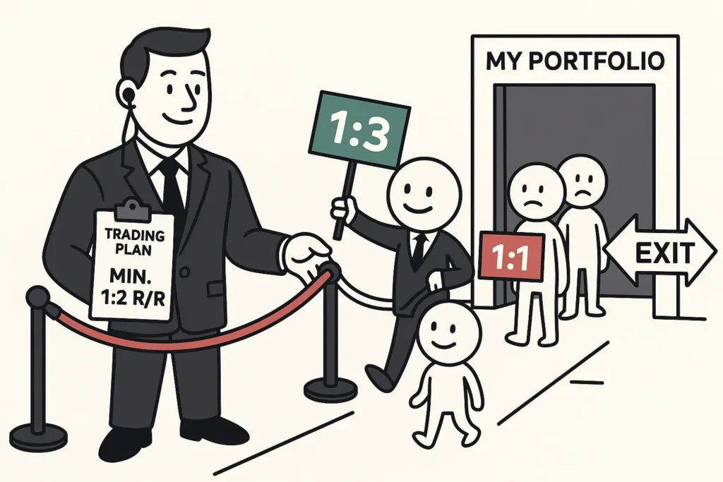 A 2D cartoon showing a trader as a bouncer, using a minimum 1:2 risk/reward ratio on a clipboard to filter which trades get into their portfolio.