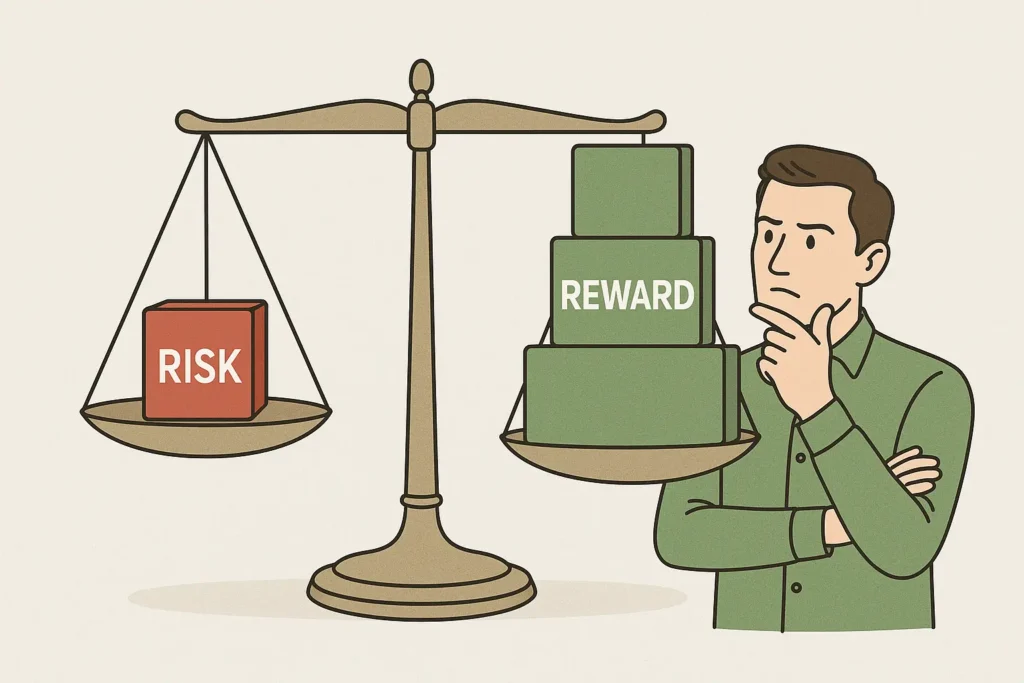 A 2D vector illustration of a balancing scale, with a small red "Risk" cube being outweighed by three larger green "Reward" cubes, explaining the risk/reward ratio.