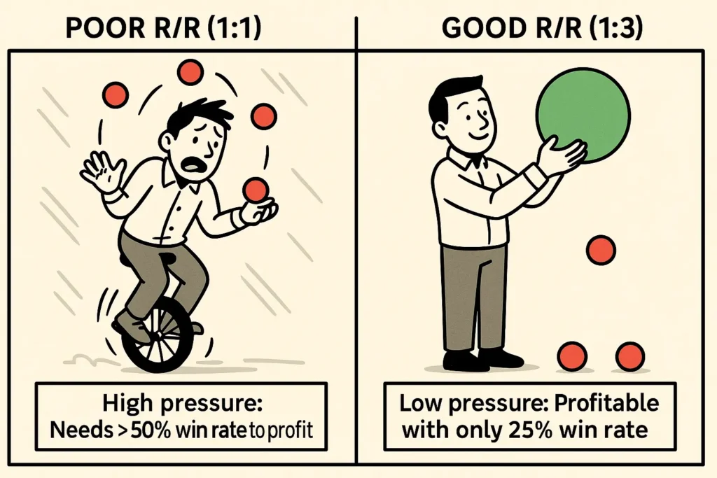 A 2D comic comparing a trader stressed by a poor 1:1 risk/reward ratio to a calm trader profitable with a good 1:3 ratio, explaining the win rate illusion.