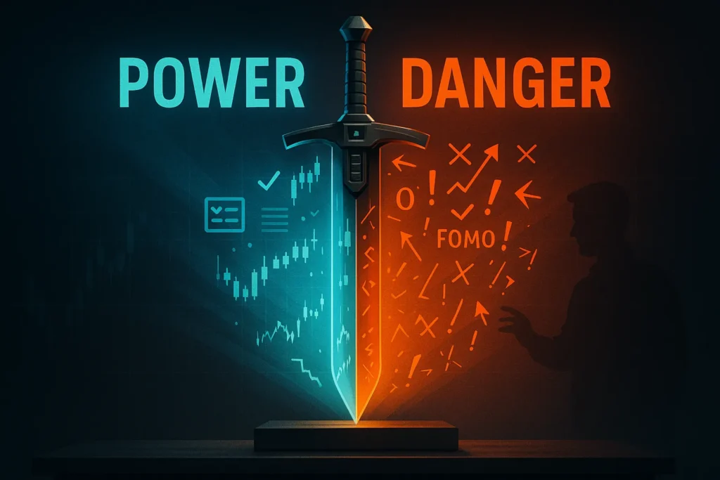 Double-edged sword made of data showing how stock scanners can empower or harm traders depending on disciplined use