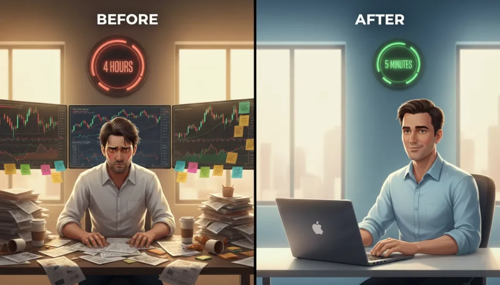 Before and after comparison showing trader saving time from 4 hours to 5 minutes using stock scanners instead of manual research