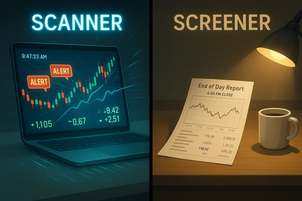 Split screen comparing real-time stock scanner alerts versus static end-of-day stock screener reports for traders