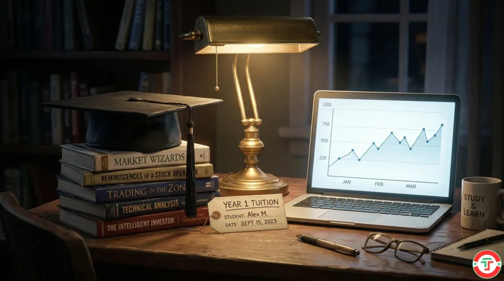 Metaphorical illustration comparing day trading starting capital to education tuition — a graduation cap resting on a stack of trading books and a small account
