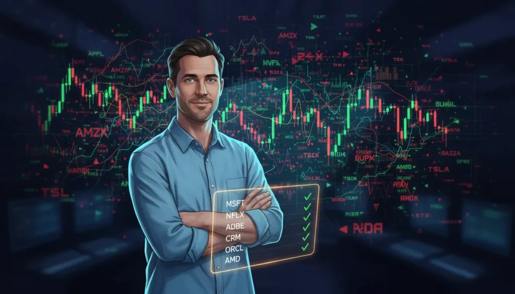 Professional trader using stock scanner to filter thousands of chaotic stock charts into organized trading opportunities
