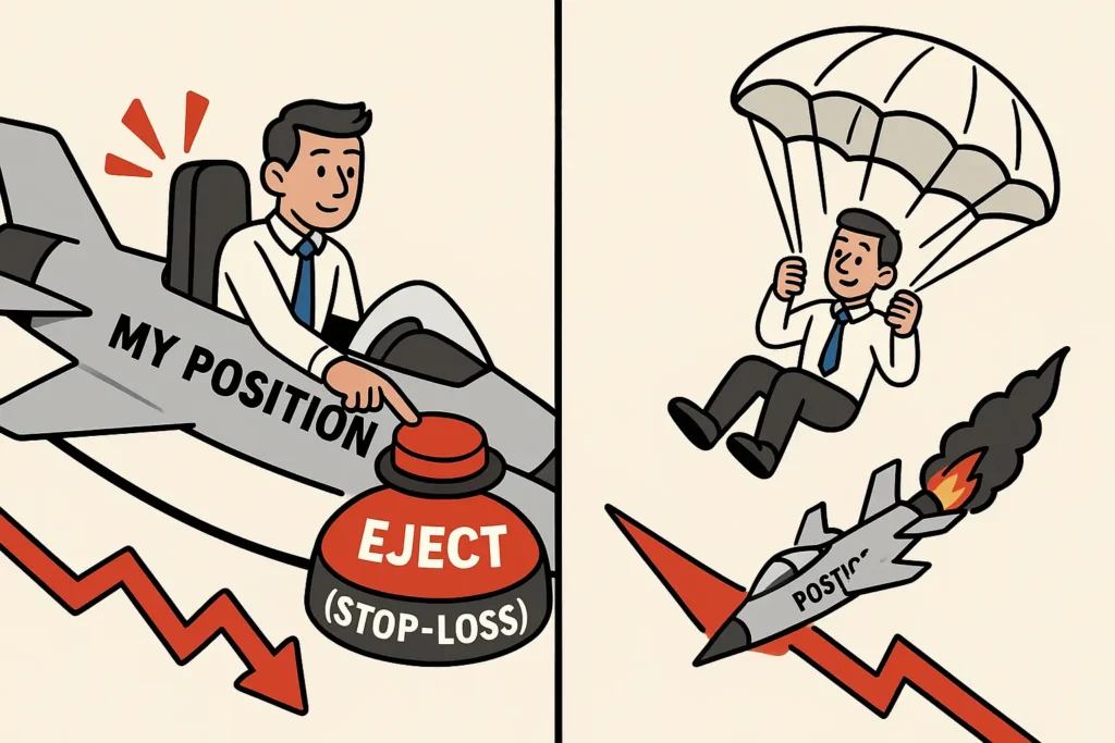 A 2D cartoon showing a trader using a stop-loss order as an eject button to safely escape a crashing jet, illustrating how to use a stop-loss.