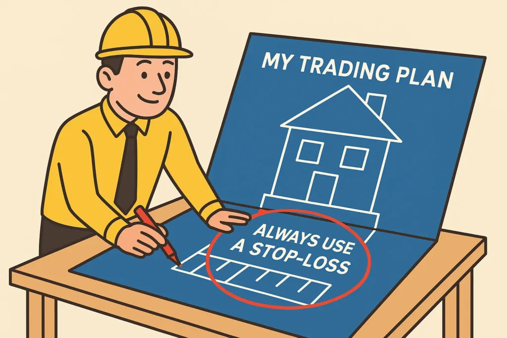 A 2D illustration of a trader reviewing a trading plan blueprint, highlighting that the stop-loss order is the essential foundation of the plan.