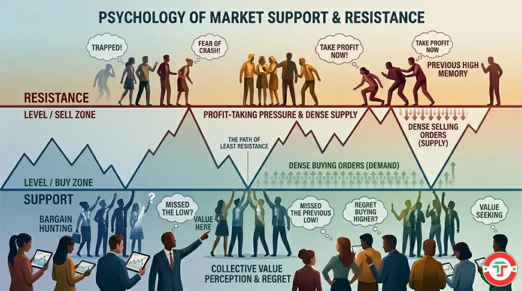 Editorial illustration showing trader emotions — regret, greed, fear, and hope — clustering at specific price levels on a stylized chart, visualizing how market psychology creates support and resistance zones.