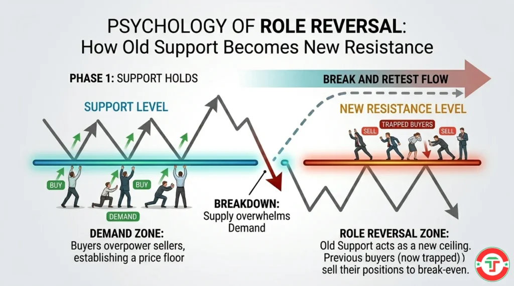 Infographic diagram showing the support-to-resistance role reversal concept — a price level that acts as a floor holding price up, then breaks, and the same level becomes a ceiling blocking price from rising back through it.