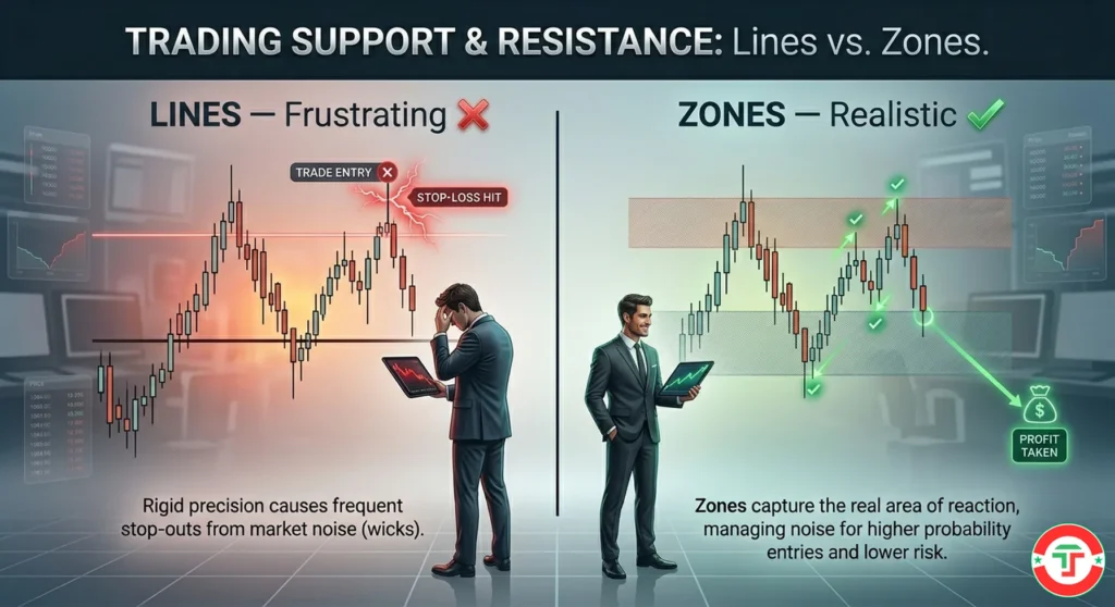 Split comparison showing the wrong way to draw support and resistance as thin exact lines versus the correct way using wider zones or bands — demonstrating why zones produce better results for day traders.