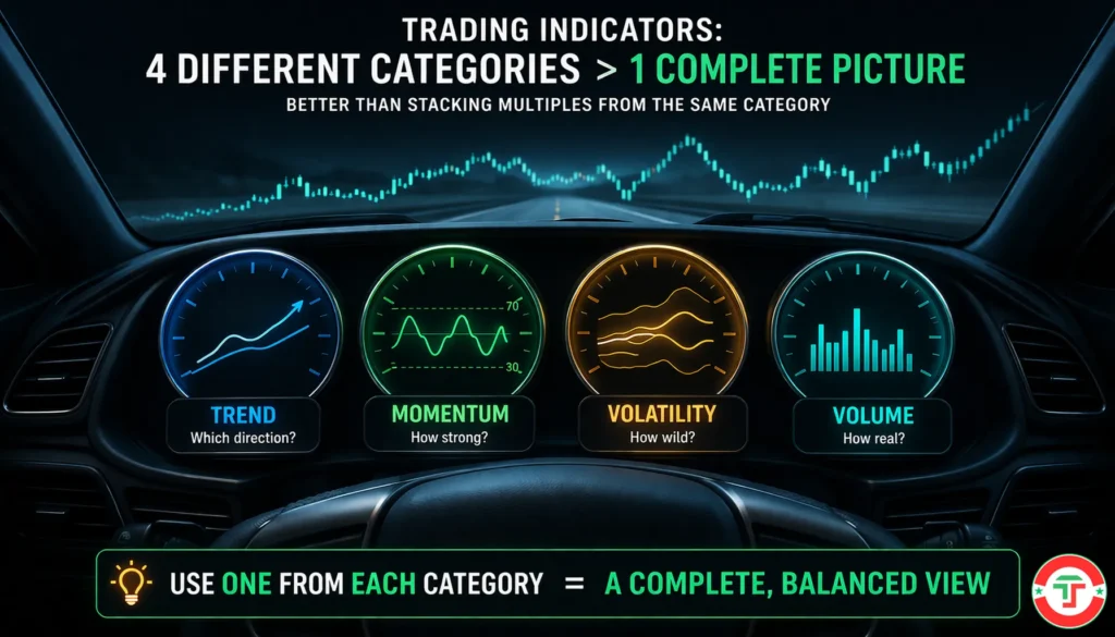 Infographic showing the four categories of trading indicators as gauges on a car dashboard — a trend gauge, momentum gauge, volatility gauge, and volume gauge — illustrating why traders need one indicator from each category, not four of the same type.