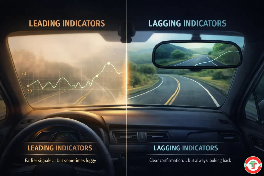 Split illustration showing leading indicators as a car windshield looking at the foggy road ahead, and lagging indicators as a clear rearview mirror showing the road already traveled — visualizing why traders need both types of indicators.