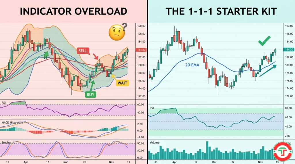 Split comparison showing a cluttered trading chart with six overlapping indicators creating confusion on the left, versus a clean chart with only three well-chosen indicators providing clarity on the right — illustrating why indicator overload hurts trading decisions.