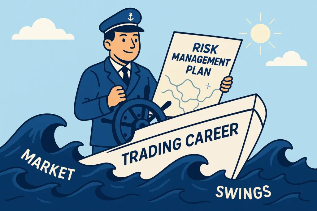 A 2D illustration of a trader as a ship's captain, using a "Risk Management Plan" chart to navigate volatile market waves, symbolizing capital preservation.