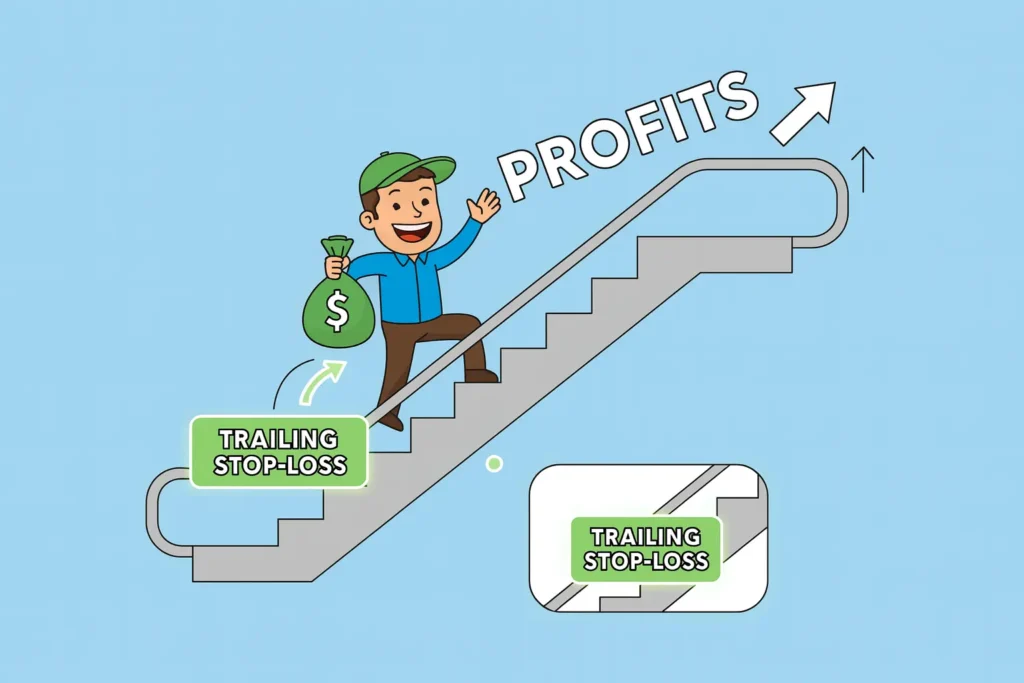 An infographic explaining a trailing stop-loss, showing a safety barrier rising with a trader on an escalator to illustrate locking in trading profits.