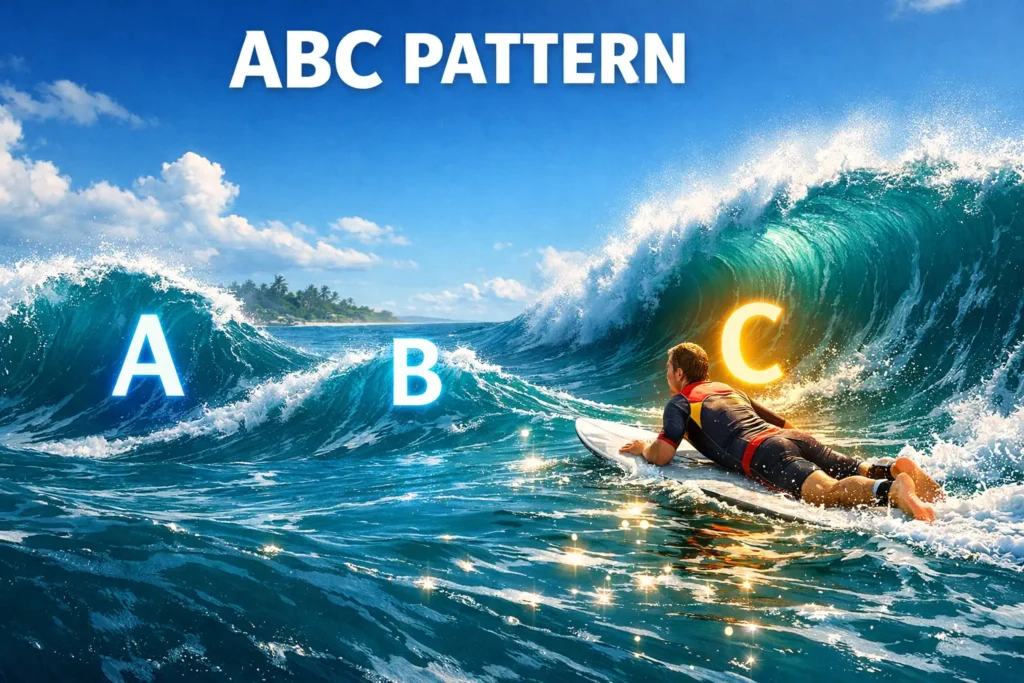 ABC pullback pattern visualization showing two-legged counter-trend moves before trend resumes in pullback trading strategy