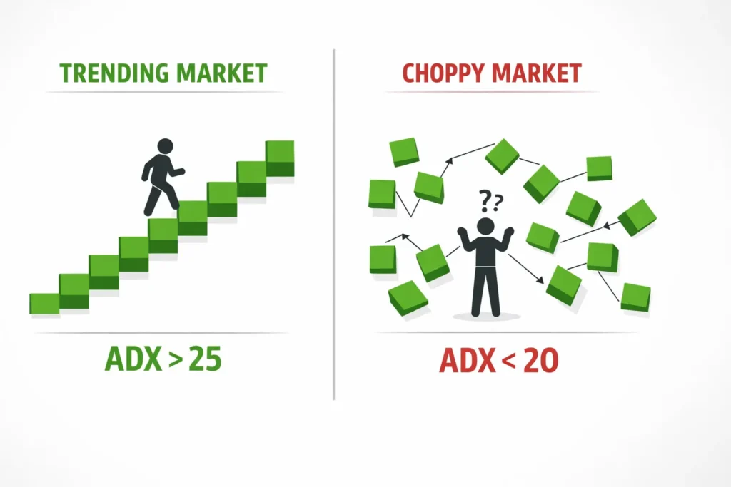 Split comparison showing organized trending market with ADX above 25 versus chaotic choppy market with ADX below 20