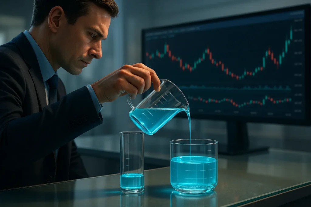 Visual demonstration of adjusting position sizes based on volatility showing same risk amount filling different sized containers for high and low volatility stocks