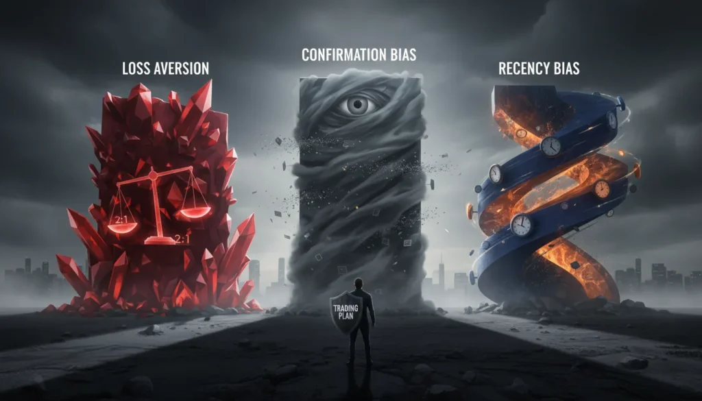 Three massive cognitive bias obstacles blocking trader's path representing loss aversion with 2x pain ratio, confirmation bias with selective vision, and recency bias with time spiral in dramatic trading psychology illustration.