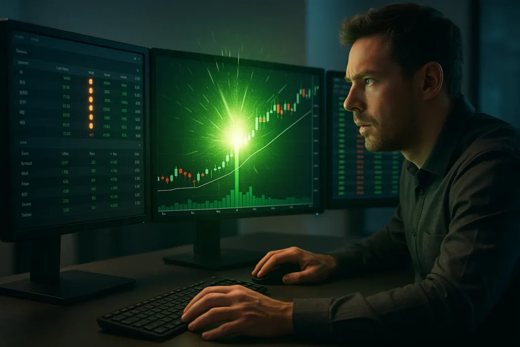 Trading desk showing breakout pattern on center monitor with stock scanner alerts firing on left monitor, capturing the decisive moment of opportunity