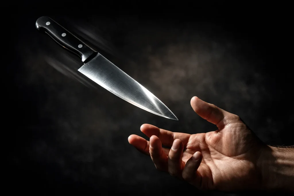 Hand reaching to catch a falling knife mid-air, representing the danger of trying to catch market reversals without confirmation.