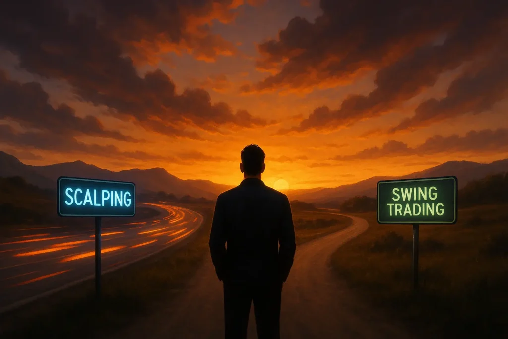 Trader at crossroads choosing between scalping and slower trading styles illustrating personal trading strategy decision