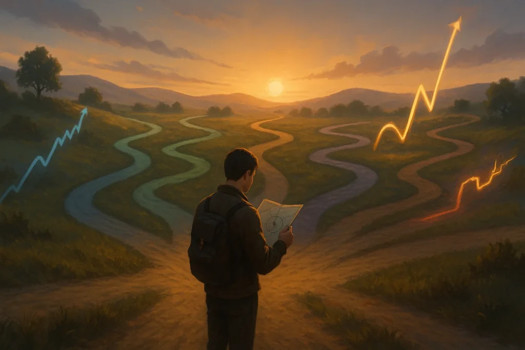 Trader at crossroads with six different paths representing different trading strategies, each path showing distinct characteristics and terrain