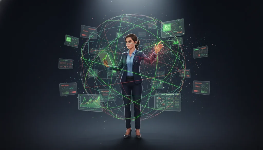 Trader surrounded by web of red and green information threads, selectively reaching only for green confirmatory data while ignoring red warning signs
