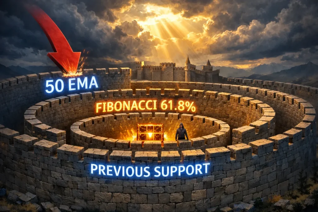 Confluence zone concept showing multiple support levels stacked like fortress walls protecting pullback trading entry point