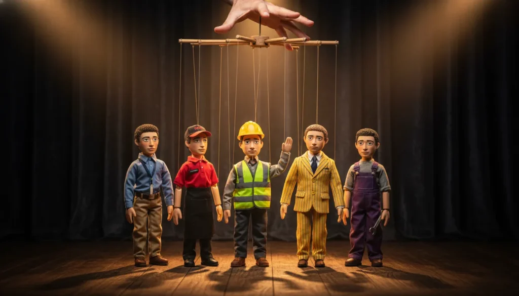 Five different colored marionette puppets controlled by same hand representing correlated trading positions moving together despite appearing diversified