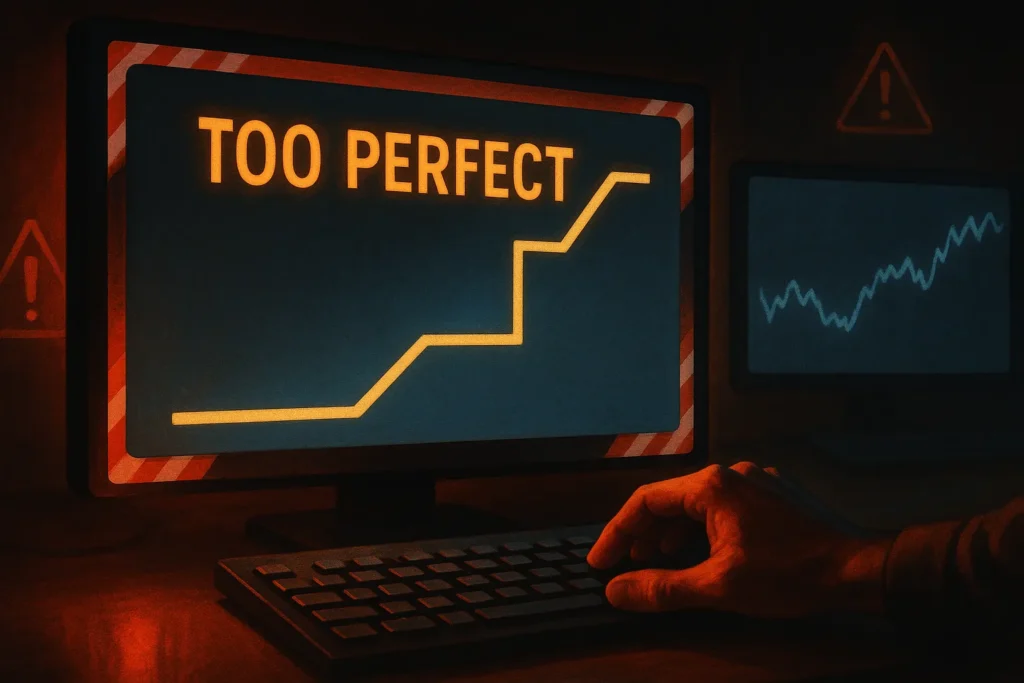 Monitor showing unrealistic perfect equity curve with warning symbols representing curve-fitting trap in backtesting