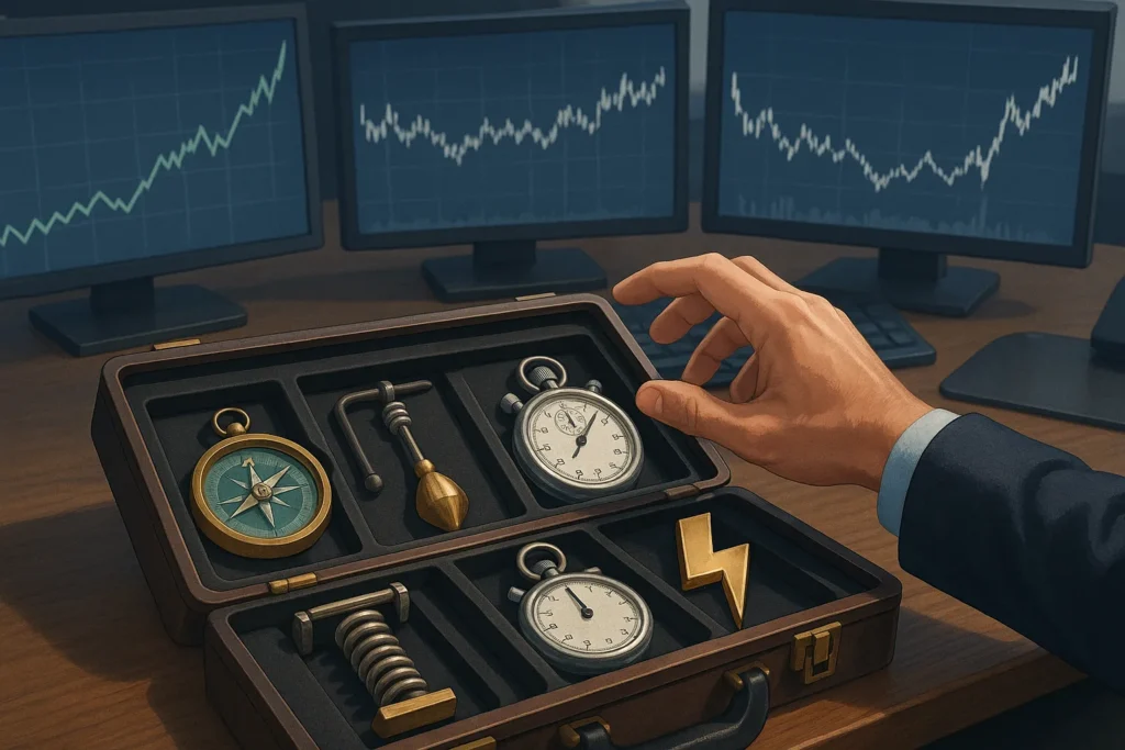 Professional trader selecting the right trading strategy from a toolkit of different approaches, with multiple chart patterns displayed on monitors in background
