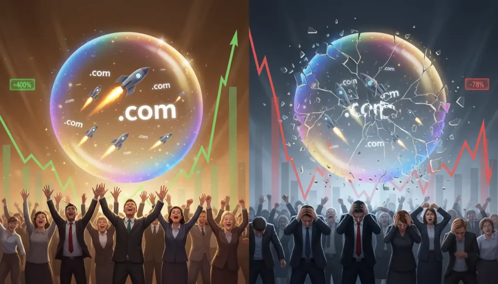 Dot-com bubble illustration showing market euphoria and crash from greed-driven investor behavior
