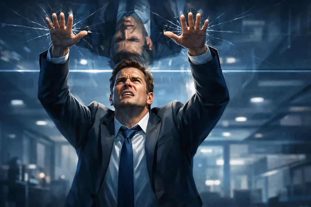 Person pressing against invisible glass ceiling unable to break through, illustrating how double top patterns show price failing at resistance.