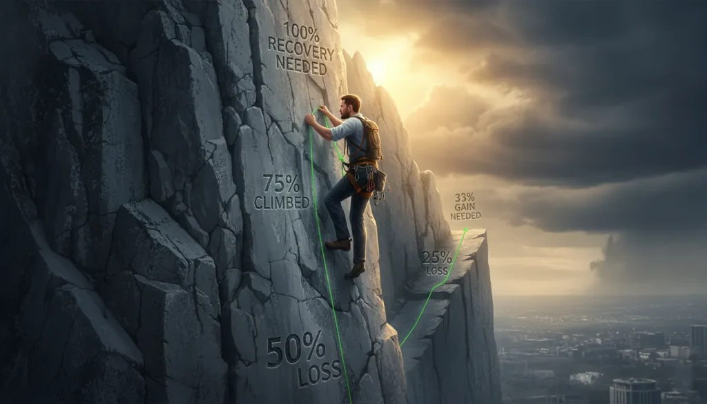 Mountain climbing metaphor showing mathematical difficulty of recovering from 50% trading drawdown requiring 100% gain to break even
