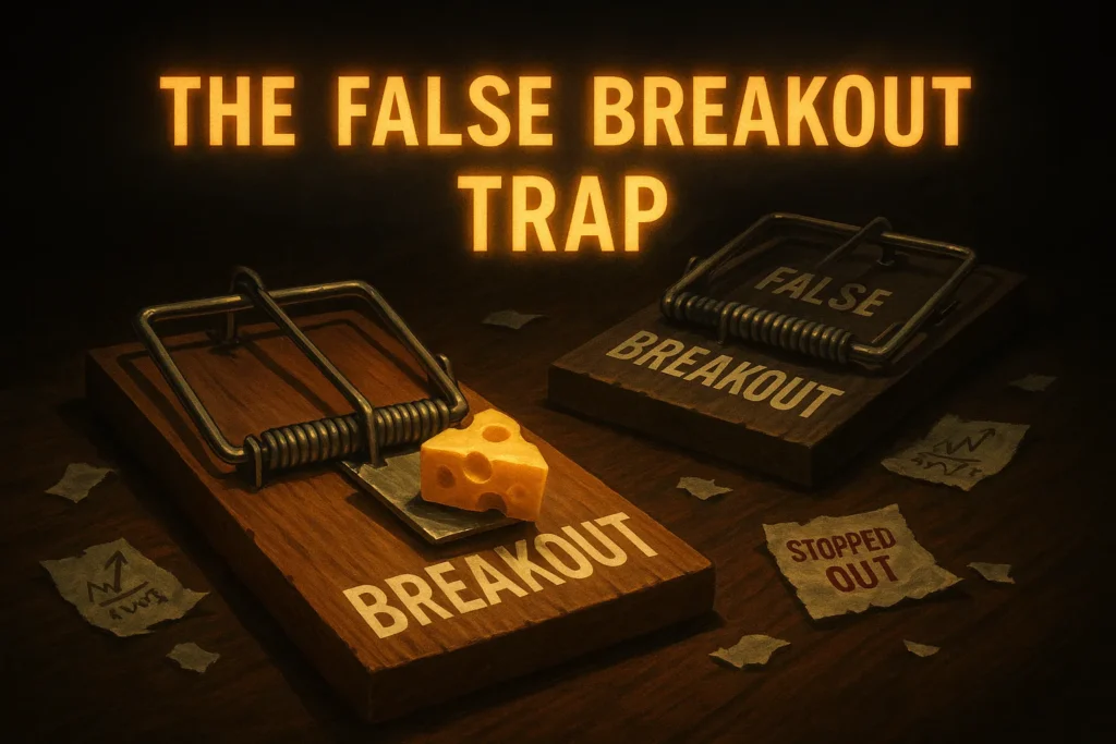 Illustrated mouse trap labeled breakout with hidden second trap behind it labeled false breakout, warning text reading cut fast