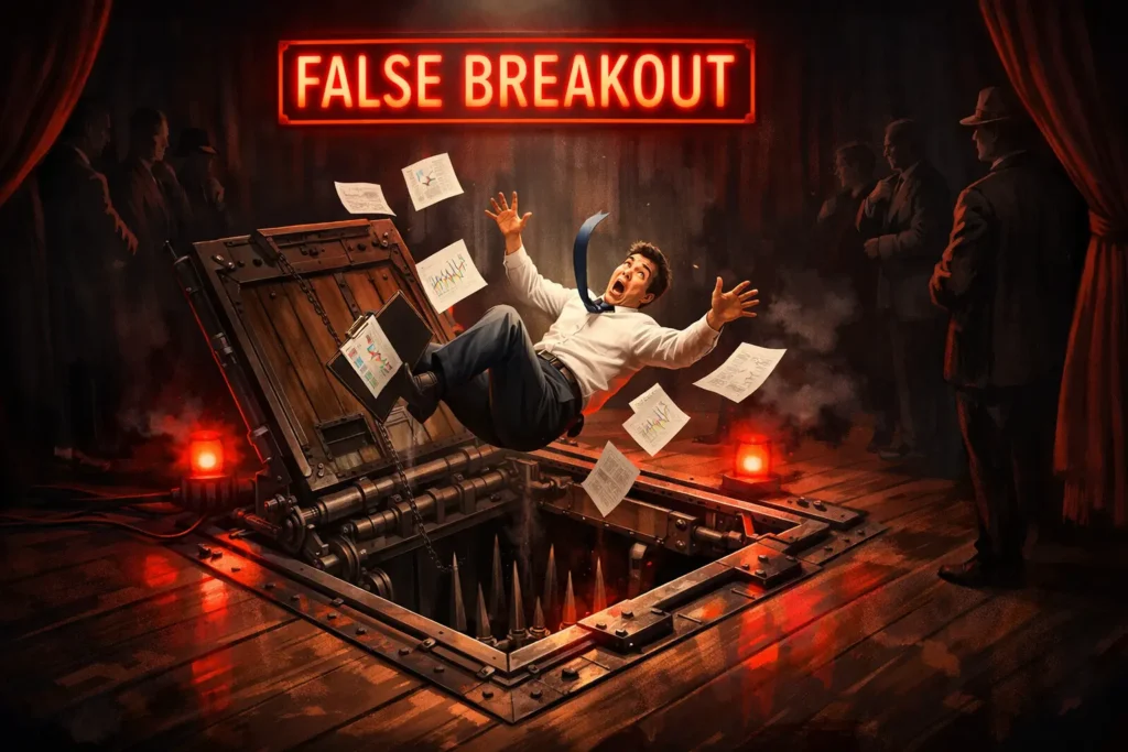 Trader falling through trap door representing false breakout or whipsaw in trendline trading with red warning lights