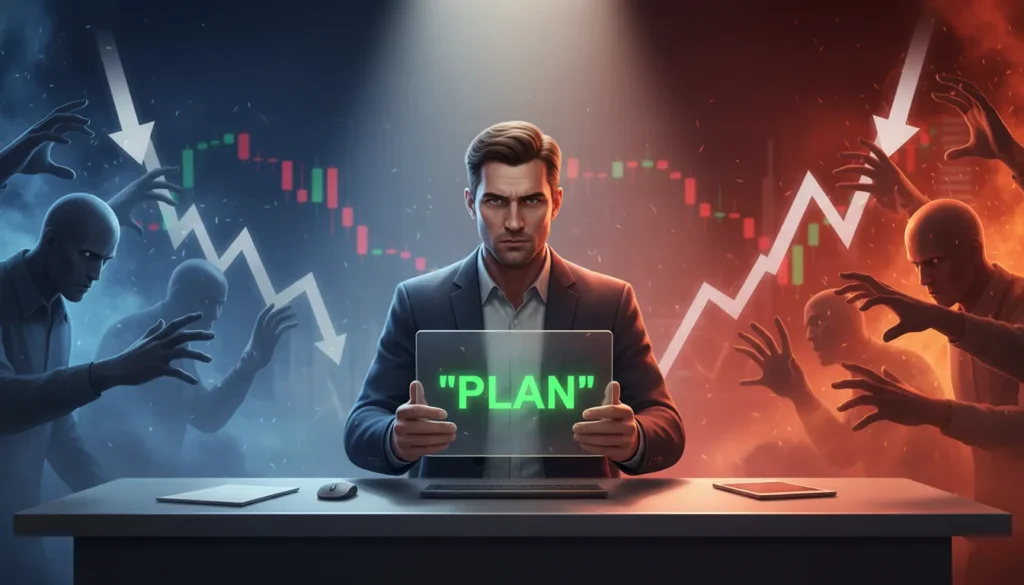 Trading psychology illustration showing fear and greed as opposing forces with trader holding trading plan in center
