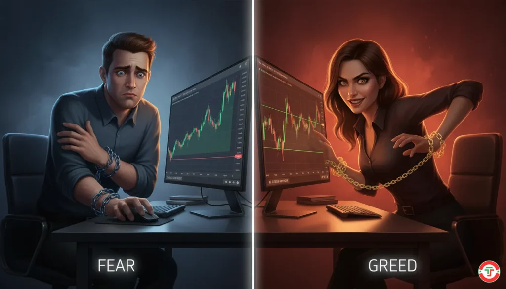 Split image contrasting fearful trader exiting early with protective posture versus greedy trader overextending with aggressive body language