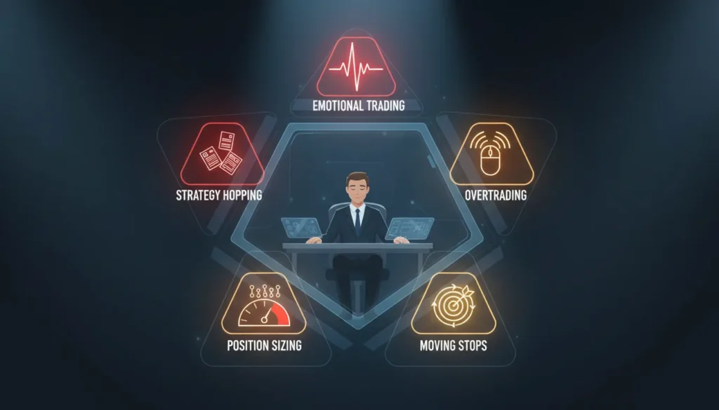 Infographic dashboard showing the five critical discipline breakpoints in trading - emotional trading, overtrading, moving stops, position sizing violations, and strategy hopping