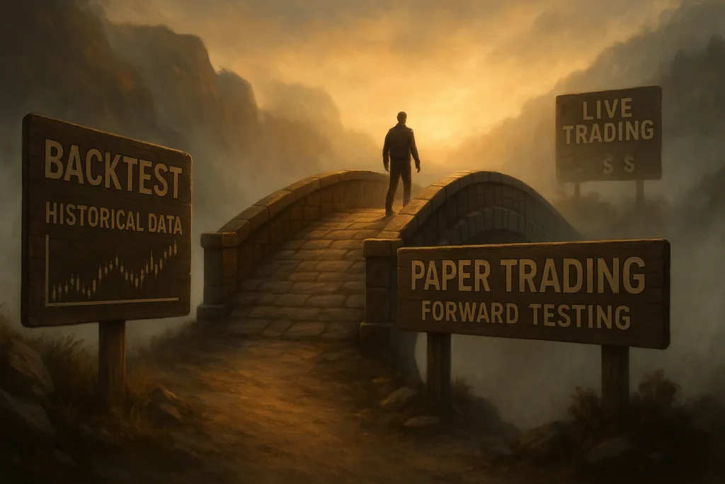  Bridge spanning from backtesting to live trading representing paper trading as necessary transition phase