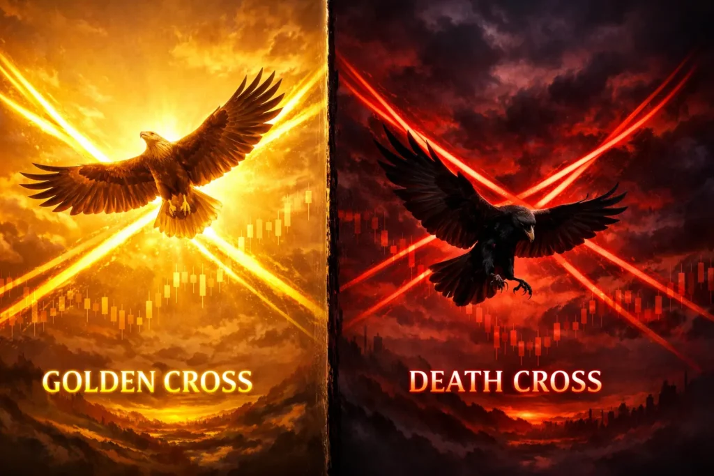 Dramatic split image showing golden cross bullish signal with eagle versus death cross bearish signal with raven