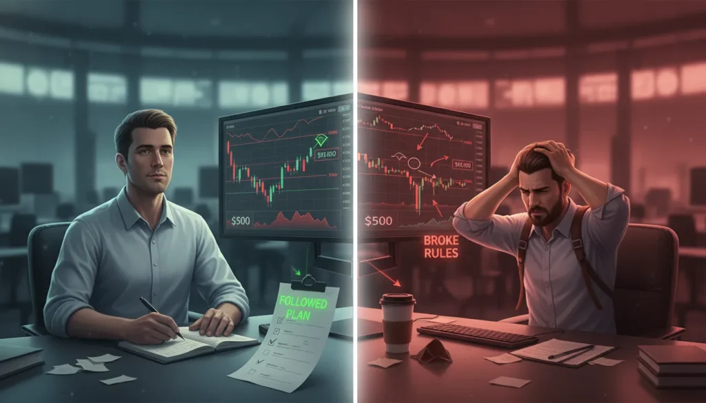 Split comparison of disciplined good loss following trading plan versus emotional bad loss breaking risk management rules
