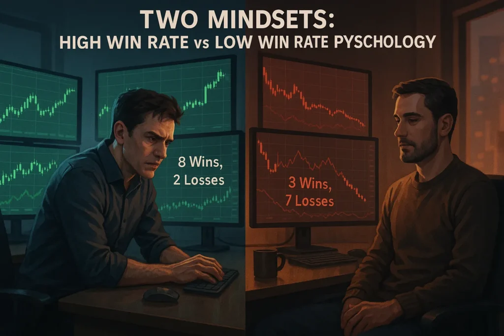 Split screen showing two traders with different emotional states, left side showing high win rate stress, right side showing low win rate resilience