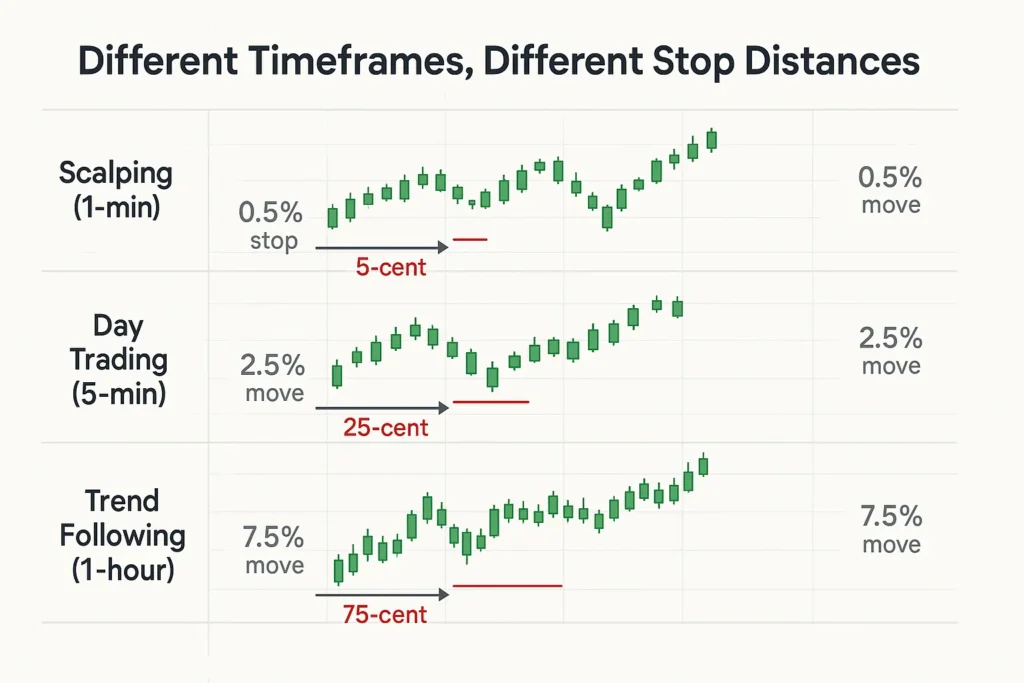 Infographic showing three chart timeframes with different stop loss distances for scalping, day trading, and trend following on same price movement