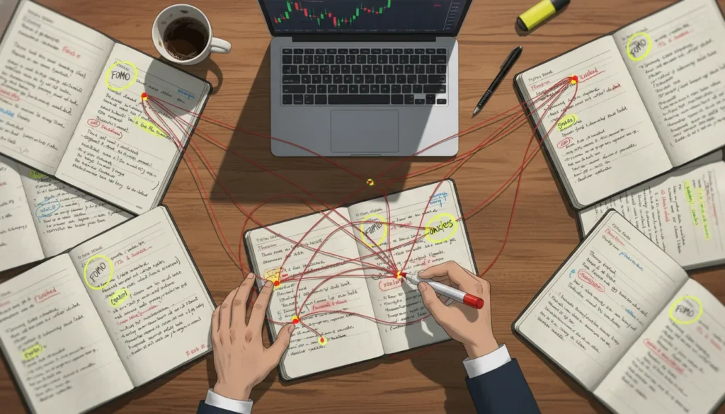 Overhead view of spread journal pages with red strings connecting recurring emotional words and patterns, trader's hands drawing connections