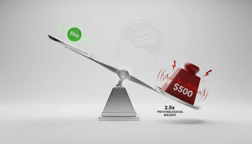 Balance scale visualization showing loss aversion principle where $500 loss weighs 2.5x heavier psychologically than $500 gain in trading
