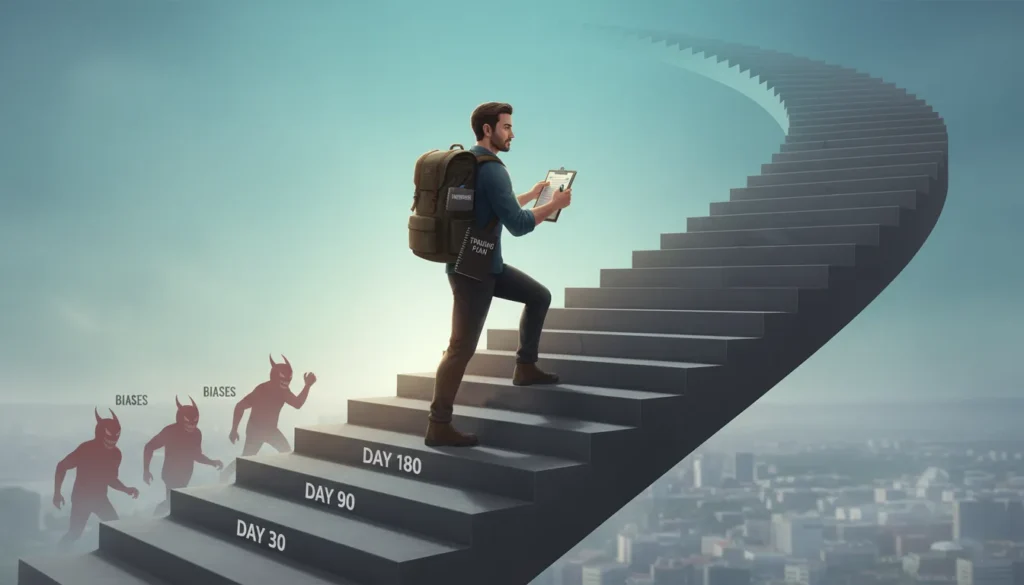 Trader climbing upward staircase carrying trading plan journal and checklist while small manageable bias shadows follow behind, illustrating the continuous improvement journey of managing cognitive biases in trading over time.