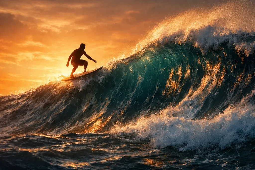 Surfer balanced at the crest of a massive wave about to break, representing the critical turning point in market reversal trading decisions.