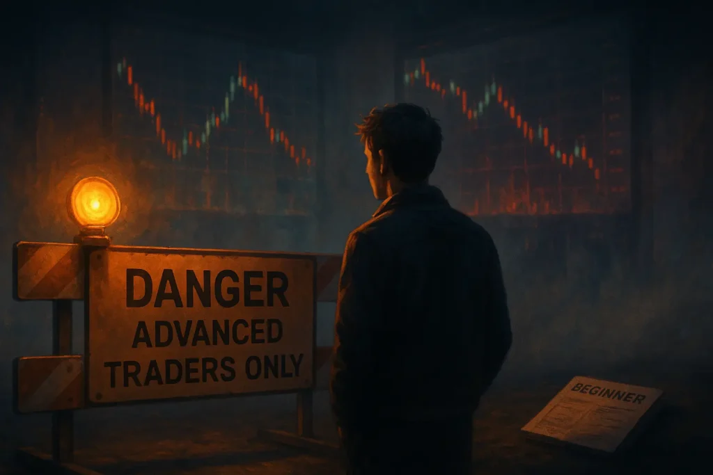 Warning barrier marked advanced traders only with beginner trader wisely choosing to stay away from chaotic news trading environment